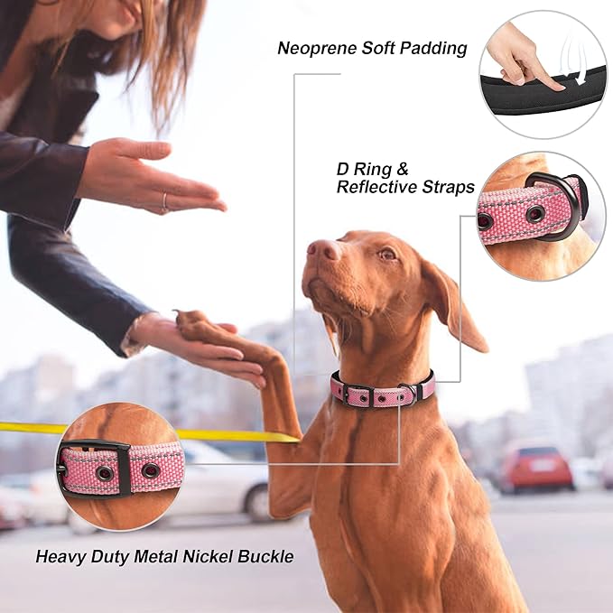 PetiFine Neoprene Padded Dog Collar, Heavy Duty Comfort Dog Collar with Durable Metal Buckle, Reflective Adjustable Belt Buckle Dog Collars for Small Medium Large Dogs(11”-14.5“, Pink)