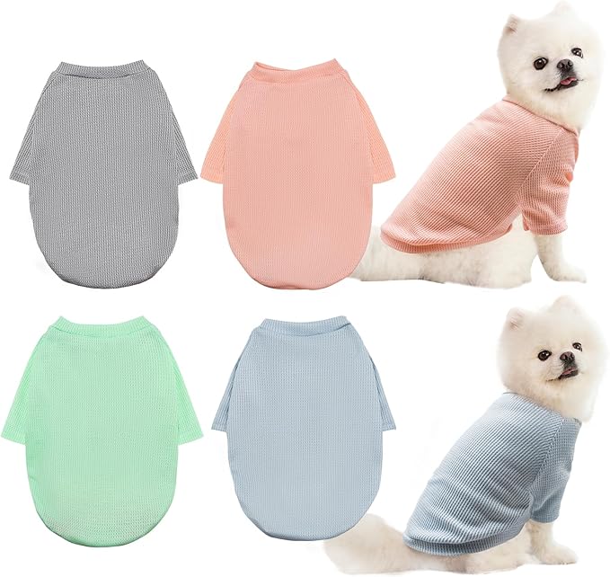 4 Pack Striped Dog Shirts Waffle Dog Clothes for Small Medium Dogs, Stretchy Dogs Boy Girl Dog T-Shirts Lightweight, Soft and Breathable Puppy Kitten Dog Shirts for Chihuahua