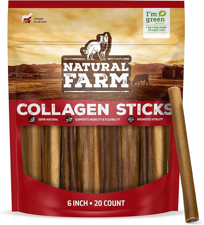 Natural Farm Collagen Sticks (6 Inch, 20 Pack). Odor-Free, 95% Natural Collagen Dog Chews, Supports Healthy Joints, Skin & Coat - Best Rawhide Alternative for Small & Medium Dogs