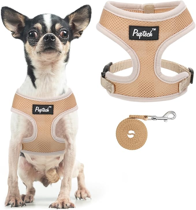 PUPTECK Soft Mesh Dog Harness and Leash Set Pet Puppy Cat Comfort Padded Vest No Pull Harnesses, Solid Beige, XS