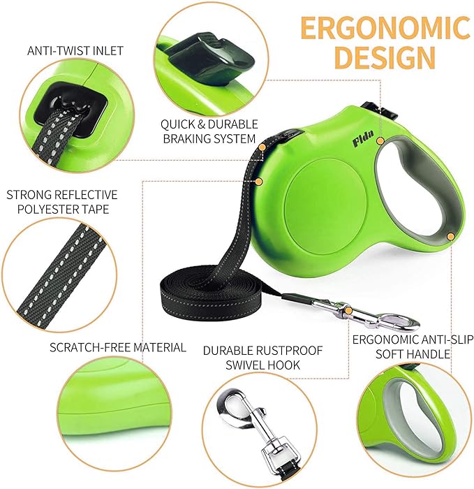 Fida Retractable Dog Leash with Dispenser and Poop Bags, 10 ft Pet Walking Leash for X-Small Dog or Cat up to 18 lbs, Anti-Slip Handle, Tangle Free, Reflective Nylon Tape (XS, Green)