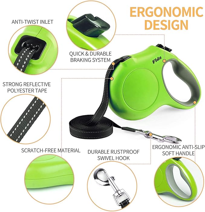 Fida Retractable Dog Leash, 16ft Heavy Duty Pet Walking Leash for Small Dog or Cat up to 26 lbs, Tangle Free. One-Hand Brake (Small, Green)