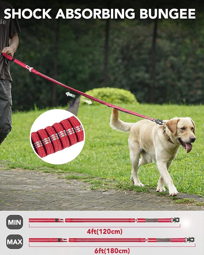 Joytale Tactical Dog Leash Heavy Duty, 4-6FT Shock Absorbing Bungee Lead with 2 Padded Handle, Metal Carabiner Clip, Car Seatbelt, Strong No Pull Leash for Medium Large X-Large Dogs, Red