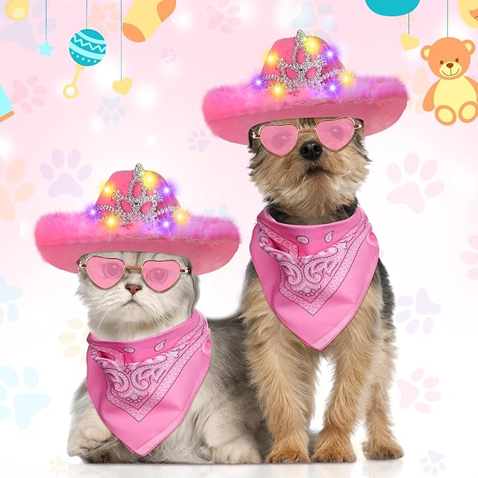 Aliceset 3 Pcs Pet Cowboy Costume Cat Cowboy Accessories Set Neon Sparkly Dog Cowboy Hat Paisley Bandanna Collar and Sunglasses LED Light up Western Small Cat Dog Cowgirl Costume(Pink, Crown)
