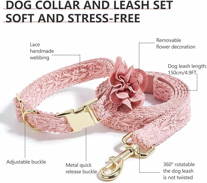 Pink Dog Collar Cotton Lace Handmade Embroidered Adjustable Dog Collar and Leash Set for Large Dogs with Rose Gold Metal Buckle & Fashion Flowers for Girl Dog Wedding Collar (Pink,S)