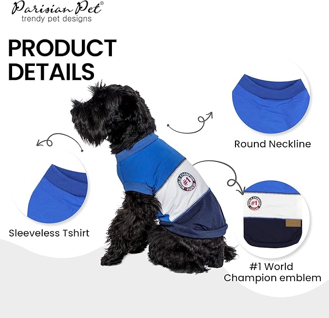 Parisian Pet Embroidered 'Worlds Champion' Dog Shirt - Lightweight Sleeveless Color Block Tee - Machine Washable, Medium Dogs