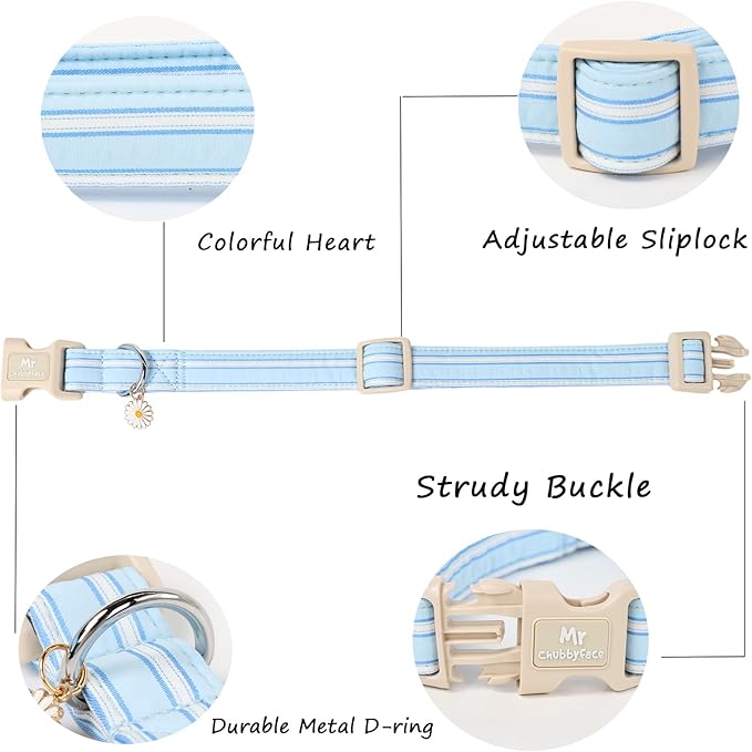 Cotton Dog Collar, Cute Blue Summer Puppy Collar with Plastic Buckle, Adjustable Soft Natural Fabric Pet Collar for Small Medium Large Dogs