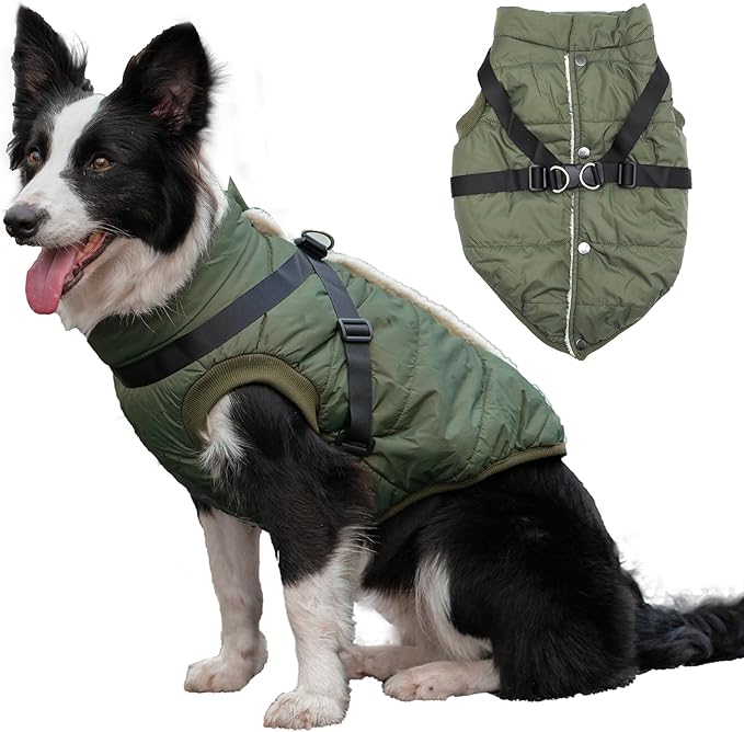 Dog Jacket with Harness,Fleece Lined Warm Puppy Coat for Winter,Soft Windproof Large Dog Vest,Green XXL