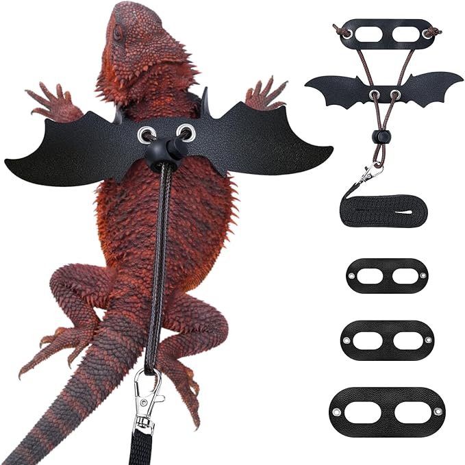 Bearded Dragon Harness and Leash Set, Adjustable Harness Soft Leather-3 Sizes (S, M, L) with Black Wing, Upgrade Lizard Reptile Leash for Bearded Dragon, Lizard, Iguana or Gecko