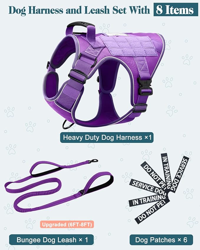 Reflective Purple Service Dog in Training Vest Harness Leash Set for Extra Large Dogs, Adjustable Heavy Duty Padded Dog Harness, with Front Clip and Metal Buckles Do Not Pet for Training, Hiking