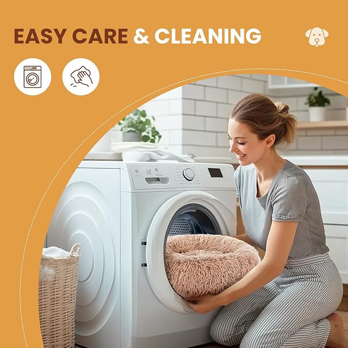 DUMOS Calming Donut Cat & Dog Bed for Medium Dogs, Machine Washable Cuddle Warming Cozy Fluffy Faux Fur Plush Round Dog Bed, Anti-Anxiety Waterproof Anti-Slip Pet Bed, Brown, 24×24×8 Inches