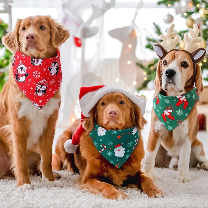 Preboun 50 Pcs Christmas Bandanas Bulk Xmas Dog Accessories Green and Red for Puppy to Large Dog Costume (25.6 x17.7 x 17.7 Inch)
