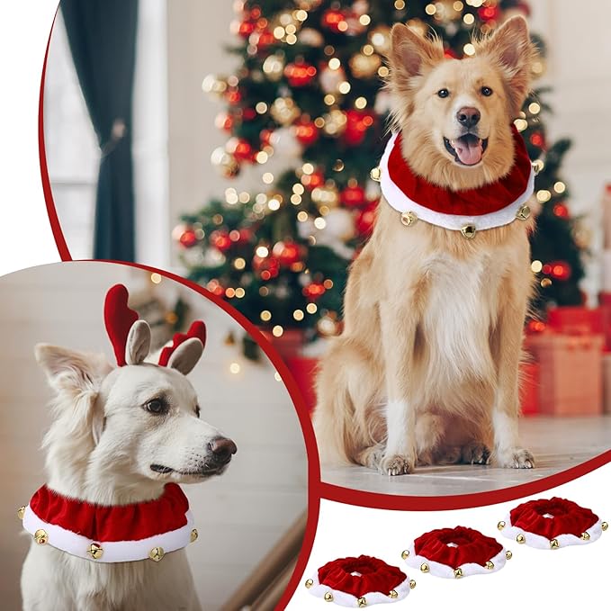 3 Pcs Christmas Jingle Bell Dog/Cat Collars Buckle Festive Christmas/Holiday Plush Neckwear for Xmas Dog Cat Outfit Pet Stretchable Scrunchy Costume Accessory Soft Collar with Bell(Large)
