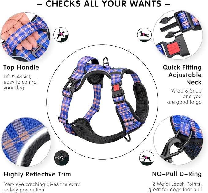 PoyPet No Pull Dog Harness, Reflective Adjustable No Choke Pet Vest with Front & Back 2 Leash Attachments, Soft Control Training Handle for Small Medium Large Dogs(Checkered Blue & Orange,S)