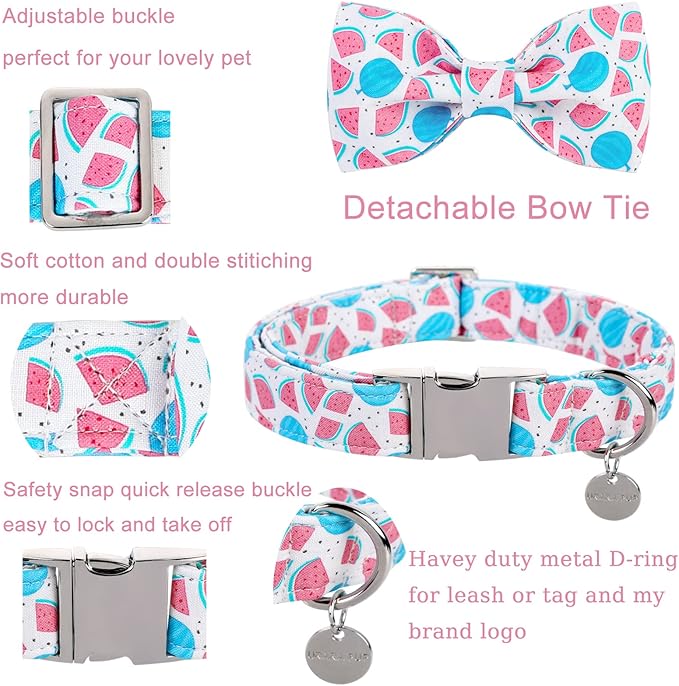 Dog Collar with Bow Tie, Durable Comfortable Cotton Cute Dog Bowtie Collar for Small Dog Girl Boy, Summer Dog Collar with Metal Buckle, S