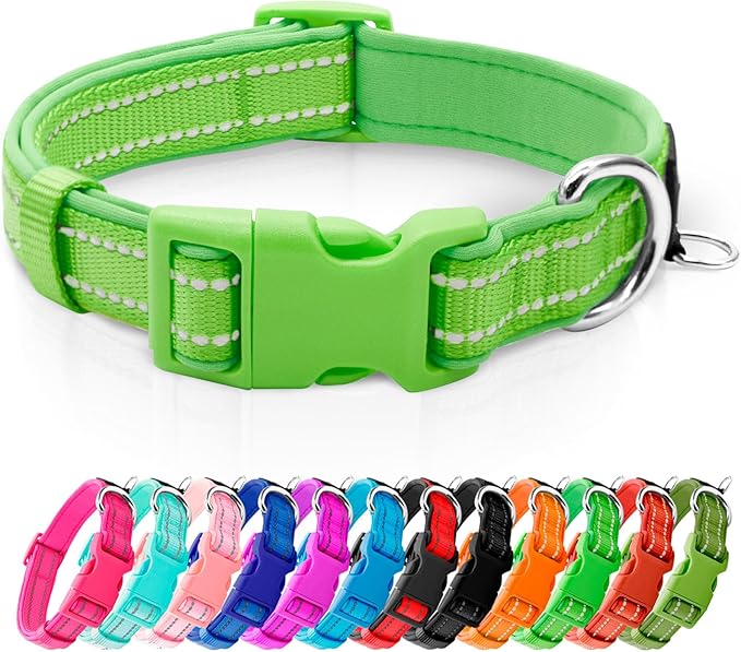 azuza Reflective Dog Collar, Soft Neoprene Padded Pet Collar with ID Tag Ring, Adjustable for Large Dogs,Green,L