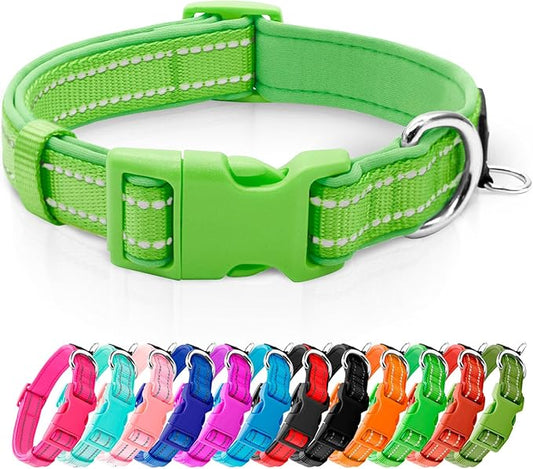 azuza Reflective Dog Collar, Soft Neoprene Padded Pet Collar with ID Tag Ring, Adjustable for Small Dogs,Green,S