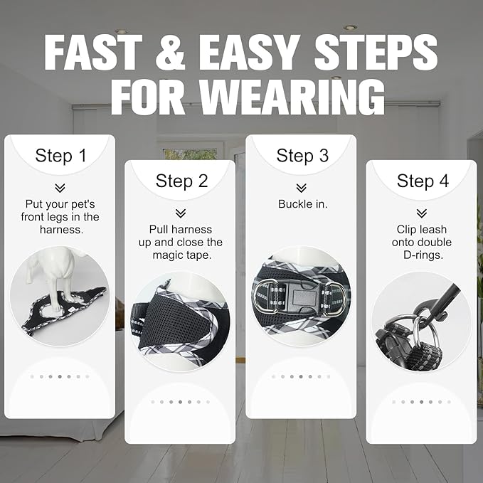 BEAUTYZOO Step in Dog Harness and Leash Set,Reflective Dog Harness No Pull No Choke Puppy Harness for Small Medium Large Dogs Cats,Soft Padded Mesh Vest Harnesses for Girl and Boy Pets,Black Plaid L