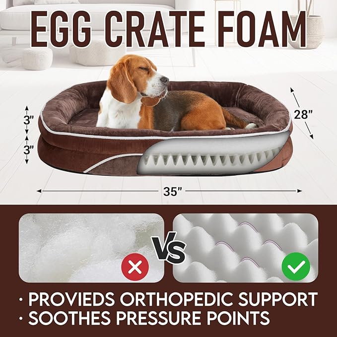OhGeni Orthopedic Dog Couch Large Sized Pet Beds for Fathers Gifts with Comfort Foam Support, Soft Indestructible Fabric, Machine Washable Waterproof Removable Cover, 35-Inch (Brown)