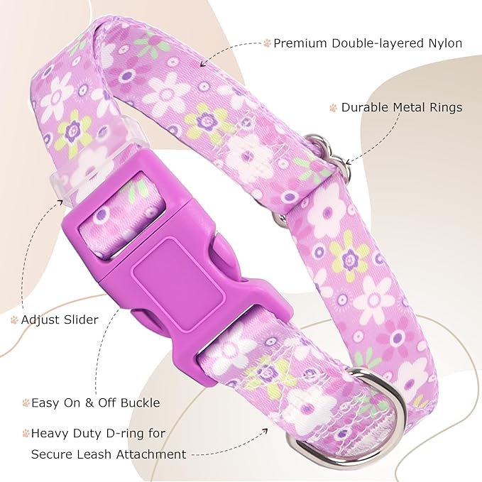 Girl Dog Collar with Purple Floral Patterns, Adjustable Cute Soft Pet Collar with Quick Release Buckle for Small Medium Large XL Dogs (Purple Flower XS)