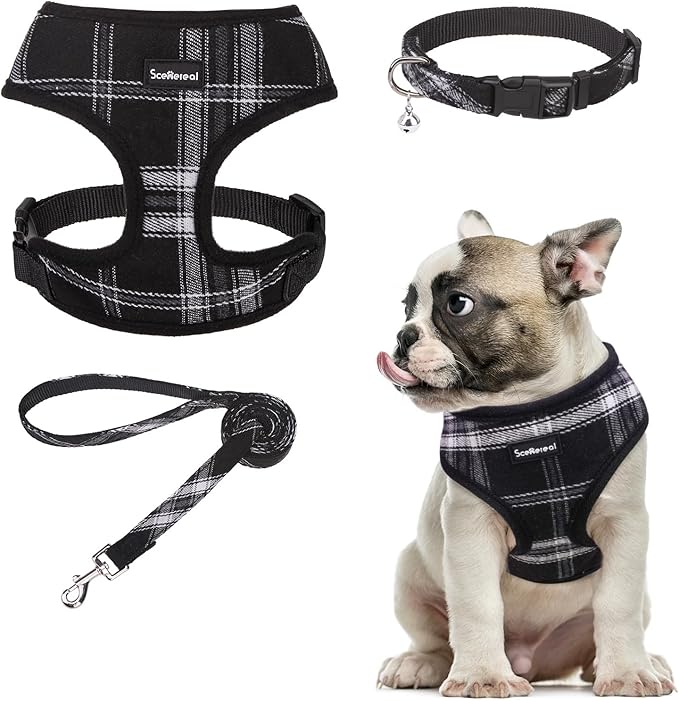 SCENEREAL No Pull Dog Harness Collar and Leash Set Small Medium Sized Dog, Soft Mesh Step in Puppy Harnesses, No Chock Plaid Adjustible Pet Vest for Outdoor Walking Training and Running, Black M