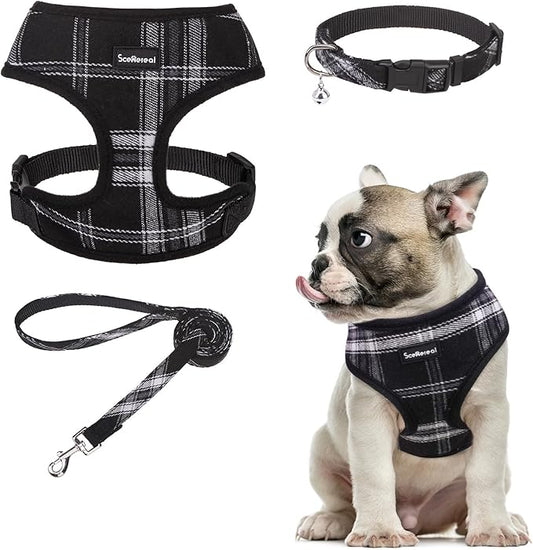 SCENEREAL No Pull Dog Harness Collar and Leash Set Small Medium Sized Dog, Soft Mesh Step in Puppy Harnesses, No Chock Plaid Adjustible Pet Vest for Outdoor Walking Training and Running, Black M