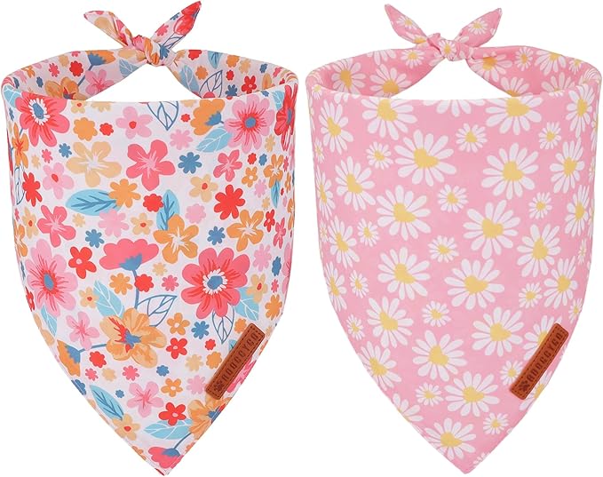 ADOGGYGO Floral Dog Bandana 2 Pack, Reversible Pink Daisy Pet Scarf Bib, Adjustable Fit Cute Flower Bandanas for Medium Large Dogs Pets (Large)