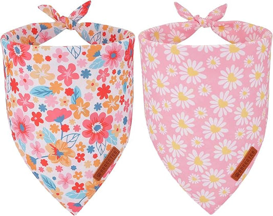 ADOGGYGO Floral Dog Bandana 2 Pack, Reversible Pink Daisy Puppy Scarf Bib, Adjustable Fit Cute Flower Bandanas for Small Dogs Pets (Small)