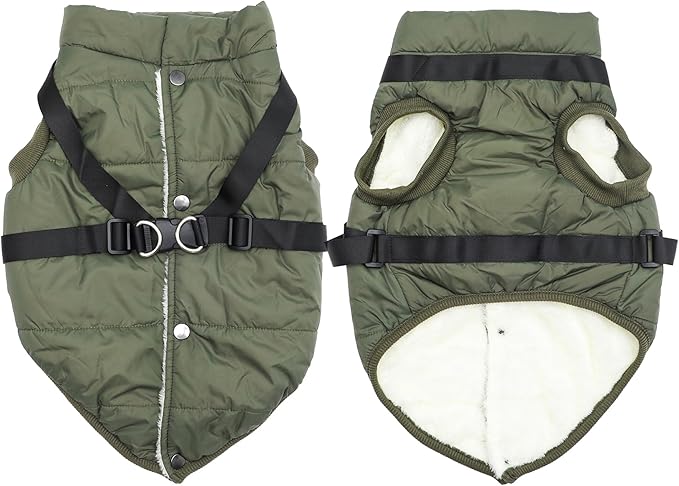 Dog Jacket with Harness,Fleece Lined Warm Puppy Coat for Winter,Soft Windproof Large Dog Vest,Green XXL