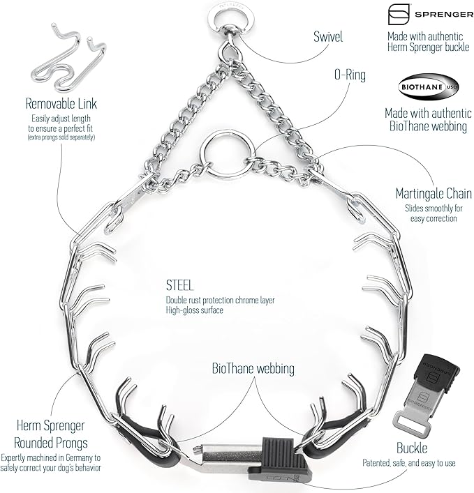 Herm Sprenger Chrome Plated Steel Dog Collar with Quick Release ClicLock Buckle and Biothane Insert Training Collar for Dogs Made in Germany (Black, 16in x 2.25mm(Neck Size up to 13-14in))