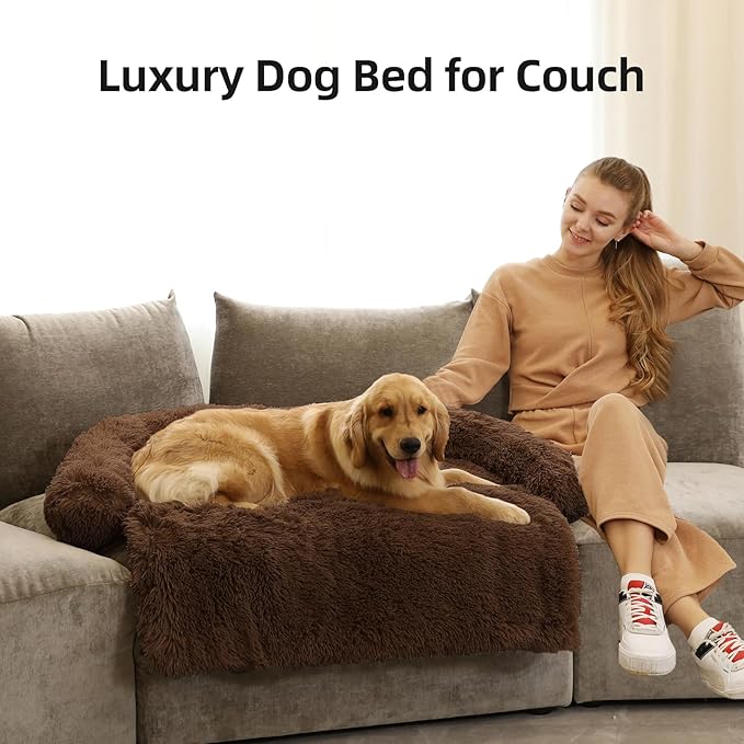 Calming Dog Bed Fluffy Plush Dog Mat for Furniture Protector with Removable Washable Cover for Large Medium Small Dogs and Cats (Extra Large (53x39.3x6), Coffee)