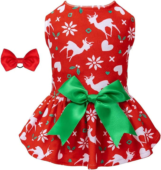 CuteBone Dog Christmas Dresses Outfit Velvet Holiday Small Dogs Clothes Onesie Pet Apparel Girl Puppy Skirt with Bow Hair Rope CVA31L