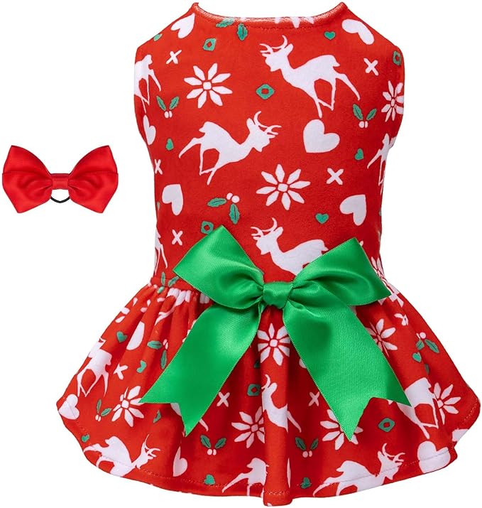 CuteBone Dog Christmas Dresses Outfit Velvet Holiday Small Dogs Clothes Onesie Pet Apparel Girl Puppy Skirt with Bow Hair Rope CVA31XS