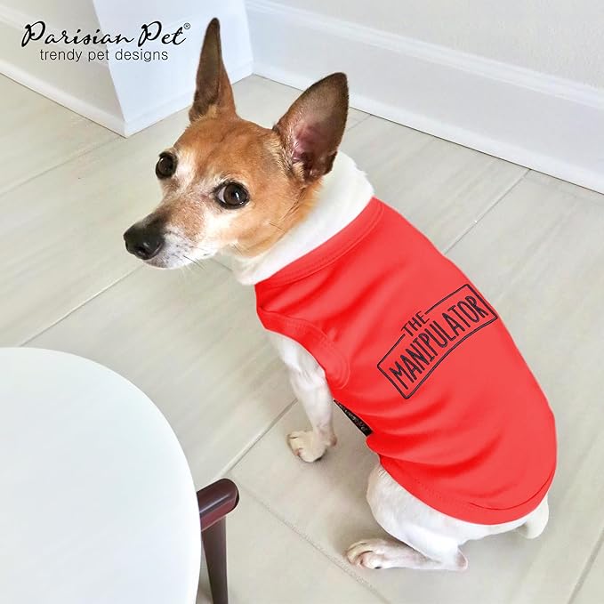 Parisian Pet Dog Tshirt - Embroidered “ Manipulator “ Tank Top - Breathable and Lightweight Dog Clothes - Sleeveless Red Tee Shirts - Machine Washable Shirt for Large Dogs - L