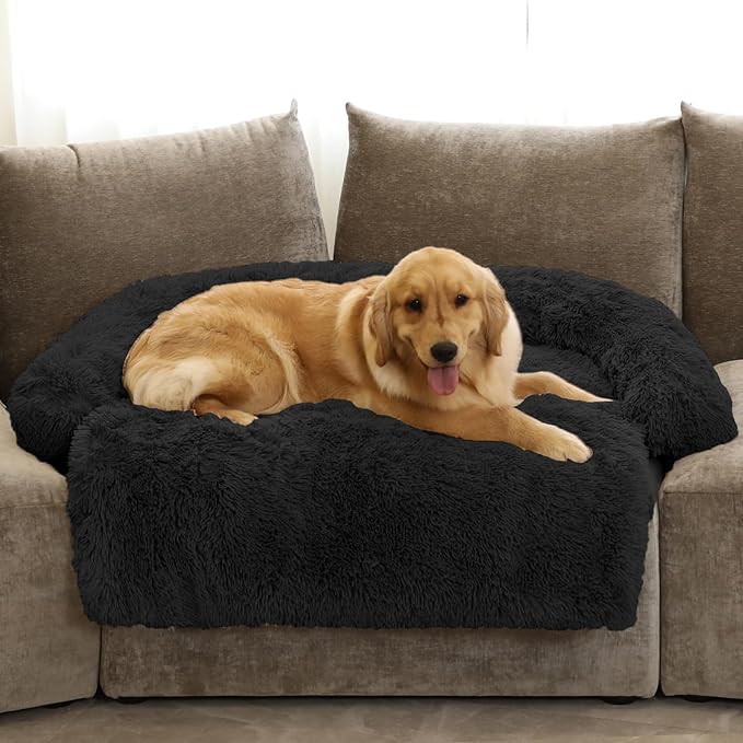 Calming Dog Bed Fluffy Plush Dog Mat for Furniture Protector with Removable Washable Cover for Large Medium Small Dogs and Cats (Extra Large (53x39.3x6), Black)