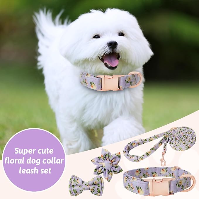 Dog Collar and Leash Set Girls Adjustable Puppy Collars with Floral Bow Tie for Small Medium Large Female Dogs, Light Purple Flower, L