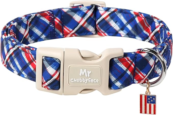 Plaid Cotton Dog Collar, Soft Checkered Patriotic Puppy Pet Collar with Plastic Buckle, Adjustable 4th of July Pet Collar for Small Medium Large Dogs