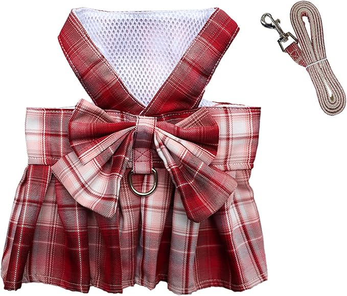 Dog Harness and Leash Set, Cute Bow Tie Plaid Harnesses for Puppy Cat, Adjustable Pet Kitties Vest, Breathable Harness Traction Rope for Boy Girl Small Animal(Skirt Wine Red,L for 8.8-12.1lbs Dog)