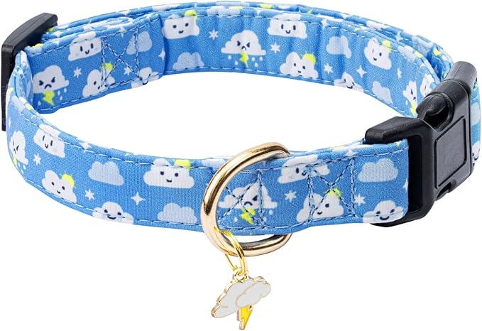 Cotton Dog Collar,Adjustable Cute Puppy Collar with Moon Patterned Design for Small Medium Large Dogs,Soft and Fancy Pet Collar with Safety Buckle for Girl Boy Dogs (Blue Cloud, L)