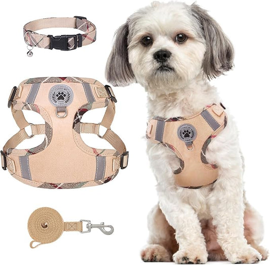 BEAUTYZOO Step in Dog Harness Collar and Leash Set for Small Medium Large Dogs, No Pull No Choke Puppy Harness,Soft Mesh Reflective Pet Padded Vest Adjustable for Doggie Girl or Boy,Chihuahua,Beige S