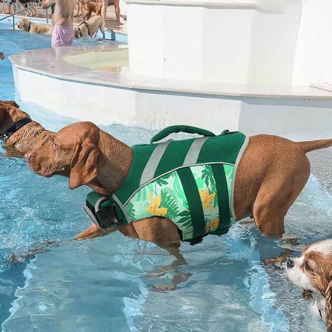 Kuoser Dog Life Jacket (DarkGreen, Large) - Adjustable High Visibility Ripstop Vest with Reflective Stripes, Top Handle & Leash Hook for Medium Breeds, Water Resistant, 33+ lbs