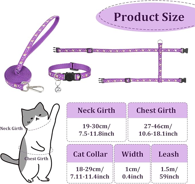 2 Pack Adjustable Cat Harness with Collar Set, Escape Proof Harness Comfortable Soft Neck Release Harnesses Glow in The Dark for Small Medium Cats