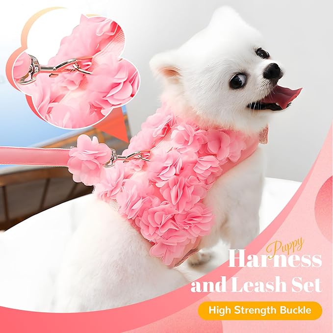 Cute Small Dog Harness and Leash Set Pink Lace Floral Girl Puppy Harness for Small Dogs Cats Soft Mesh Small Sized Dog Vest Harness Escape Proof Pet Cat Harness Outfits