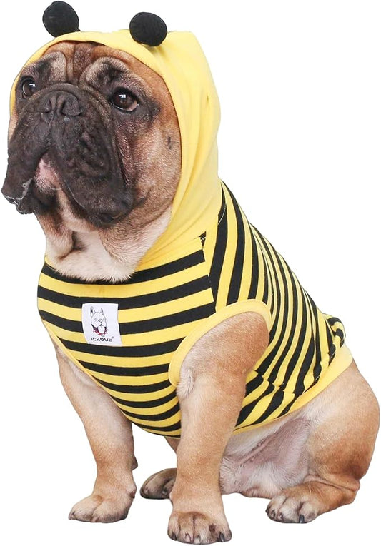 iChoue Bee Honeybee Bumblebee French Bulldog Costumes Hoodies Sleeveless Clothes Outfits Funny Cosplay Shirts for Medium Dogs Frenchie Pug English Boston Puppy - Black and Yellow, Small