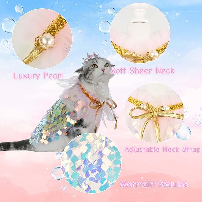 FLAdorepet Dog Princess Dress Costume with Rhinestones Crown,Pet Cat Cape Cloak Birthday Party Wedding Dress Up Outfits,Rainbow Mermaid Halloween Costume Clothes for Small Medium Large Dogs,X-Small