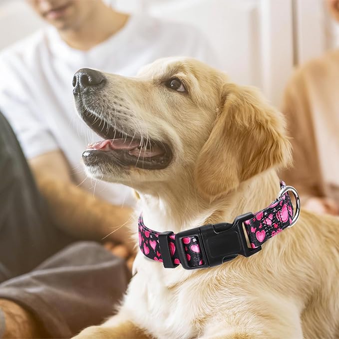 Dog Collar for Medium Dogs with Love Heart Patterns for Girl & Boy Dogs, Pink Dog Collar Adjustable Nylon Collar with Quick-Release Buckle, for Wedding, Valentine's Day, Birthday (M)
