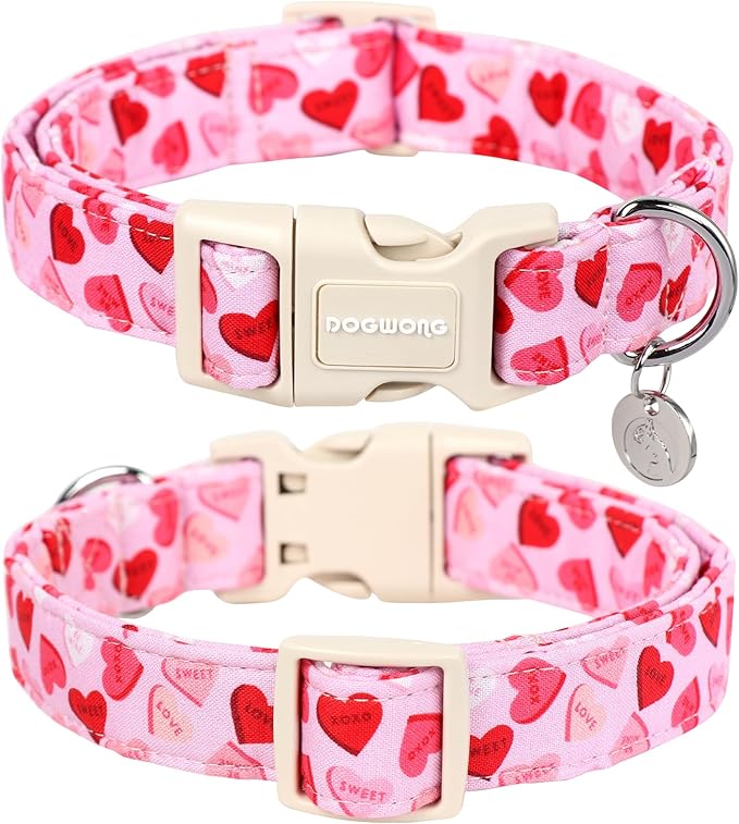 DOGWONG Valentine's Dog Collar - Pink Heart Adjustable Cotton Heart Dog Collar - Perfect for Small to Medium Dogs