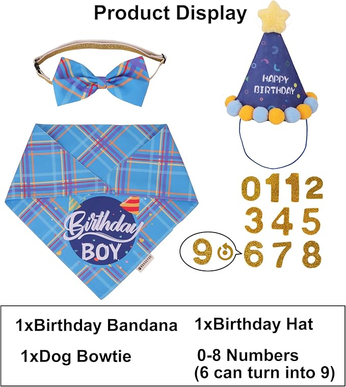 ADOGGYGO Dog Birthday Party Supplies, Blue Birthday Boy Bandana, Bowtie, Numbers, Party Hat for Extra Large Dogs (X-Large)