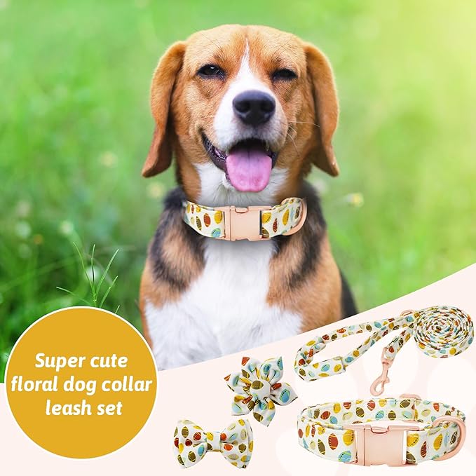 Dog Collar and Leash Set Girls Adjustable Puppy Collars with Floral Bow Tie for Small Medium Large Female Dogs, Rugby, S