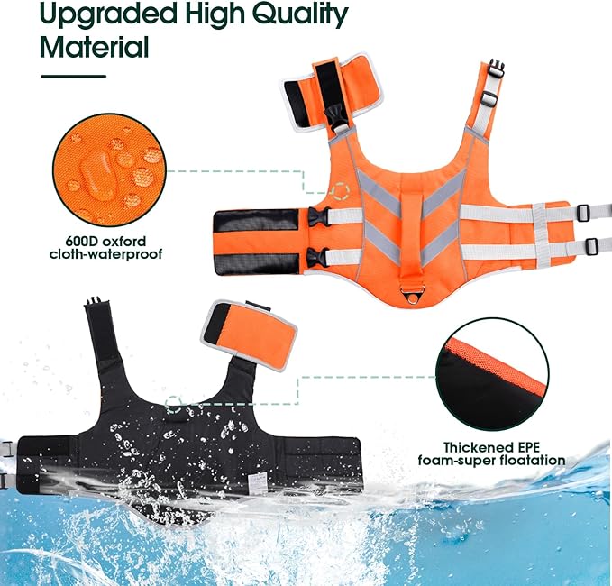 Kuoser Dog Life Jacket with Reflective Stripes - Adjustable High Visibility Vest, Ripstop Lifesaver, Pet Preserver with High Flotation Swimsuit for Small, Medium and Large Dogs